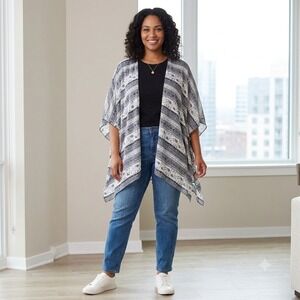 Heartsoul Womens Size Large Elephant Kimono Cardigan Black White Shrug Boho Open